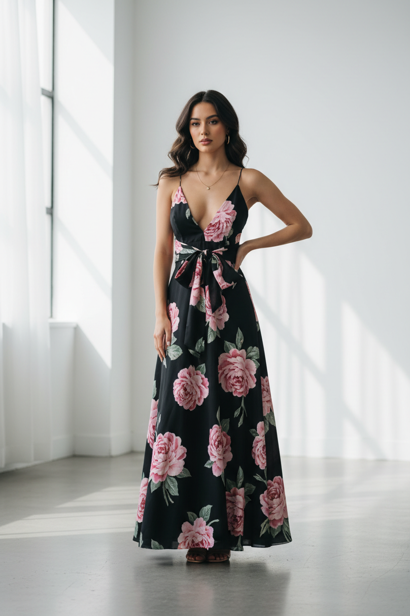 Vestido Midi Floral Negro