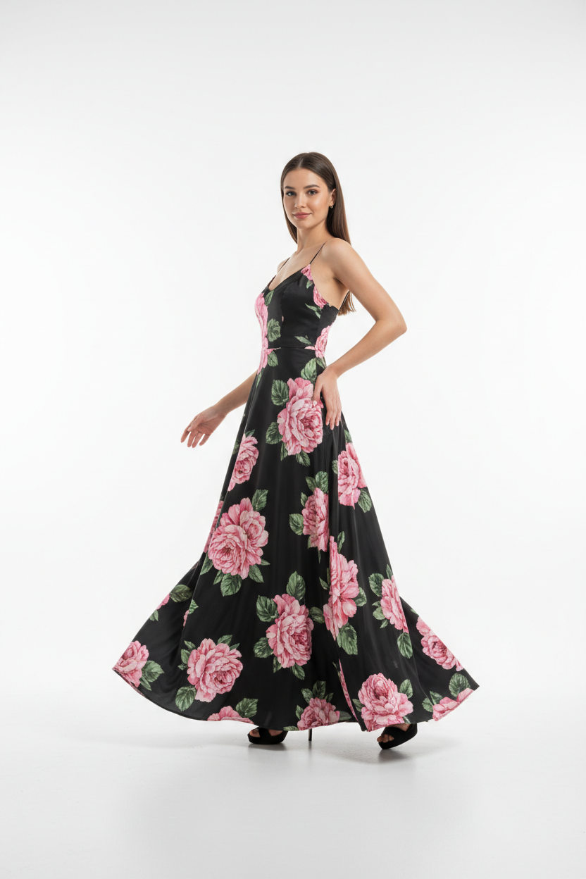 Vestido Midi Floral Negro