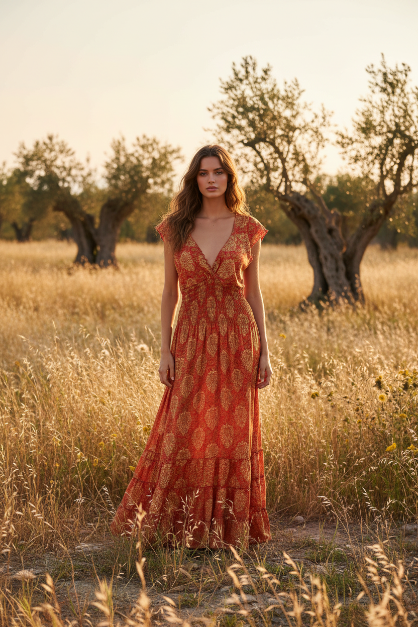 Vestido Maxi Boho Estampado Paisley Naranja