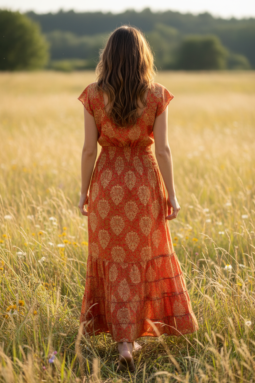 Vestido Maxi Boho Estampado Paisley Naranja