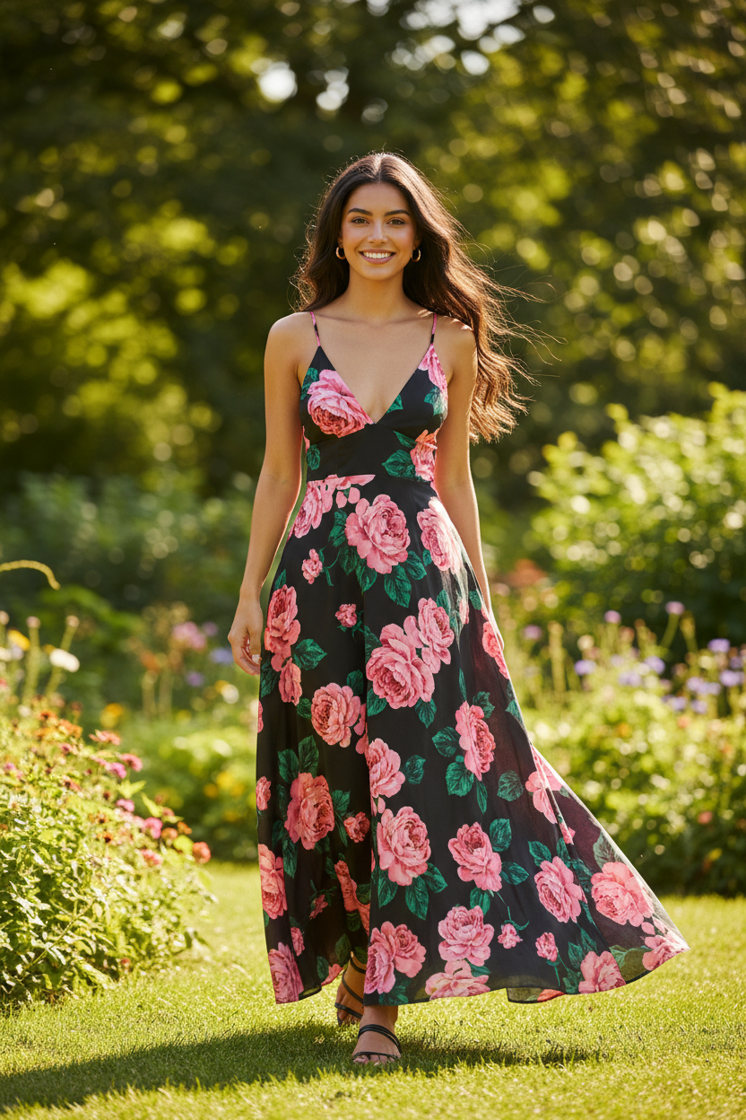 Vestido Midi Floral Negro