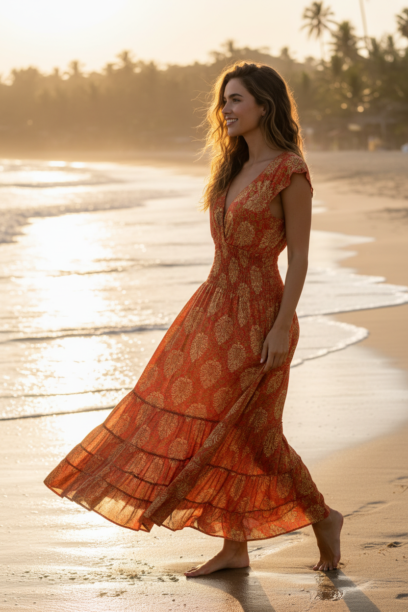 Vestido Maxi Boho Estampado Paisley Naranja